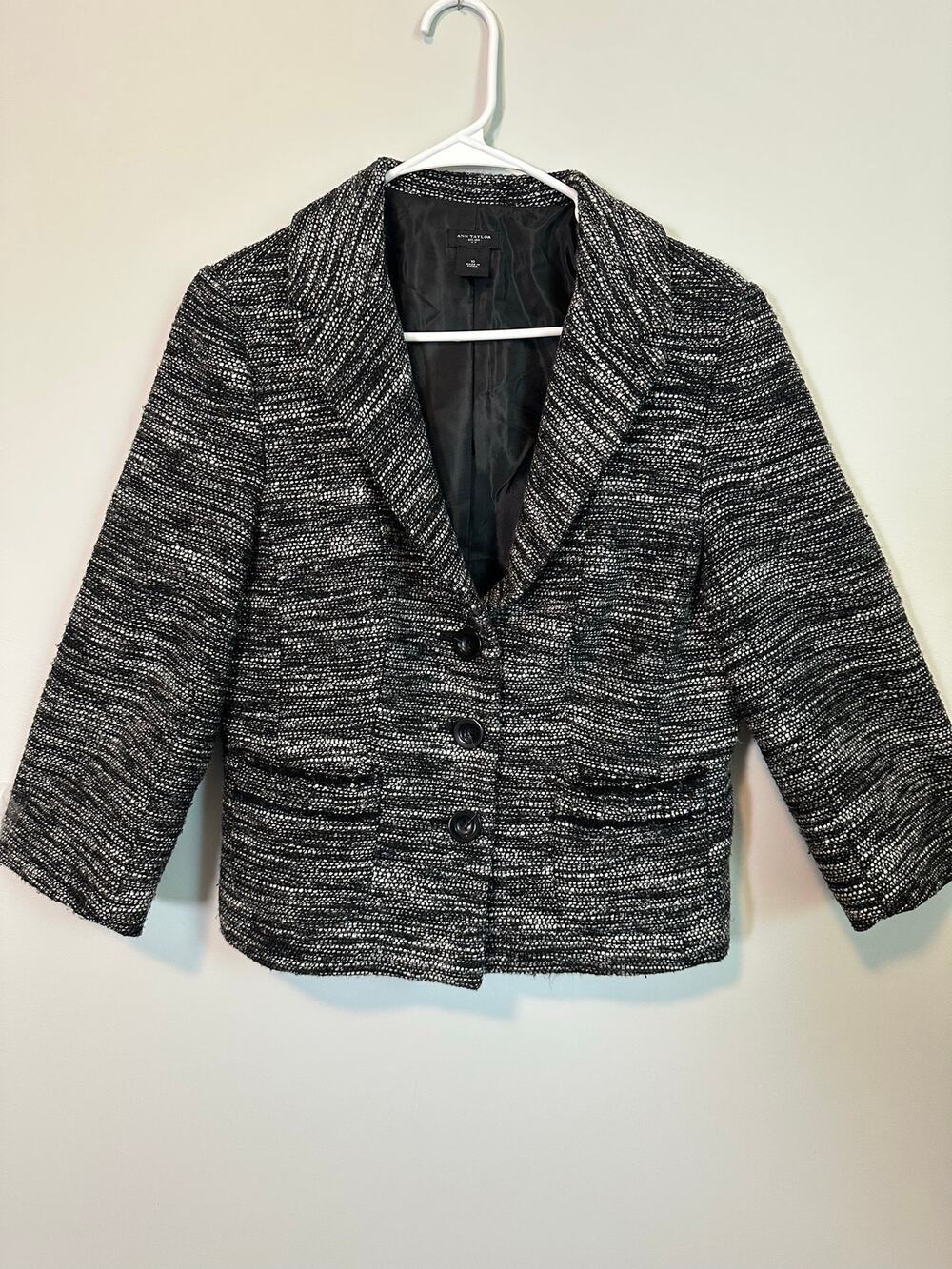 Ann Taylor Womens Size 10 Tweed Blazer Black White Cropped Jacket Office Career